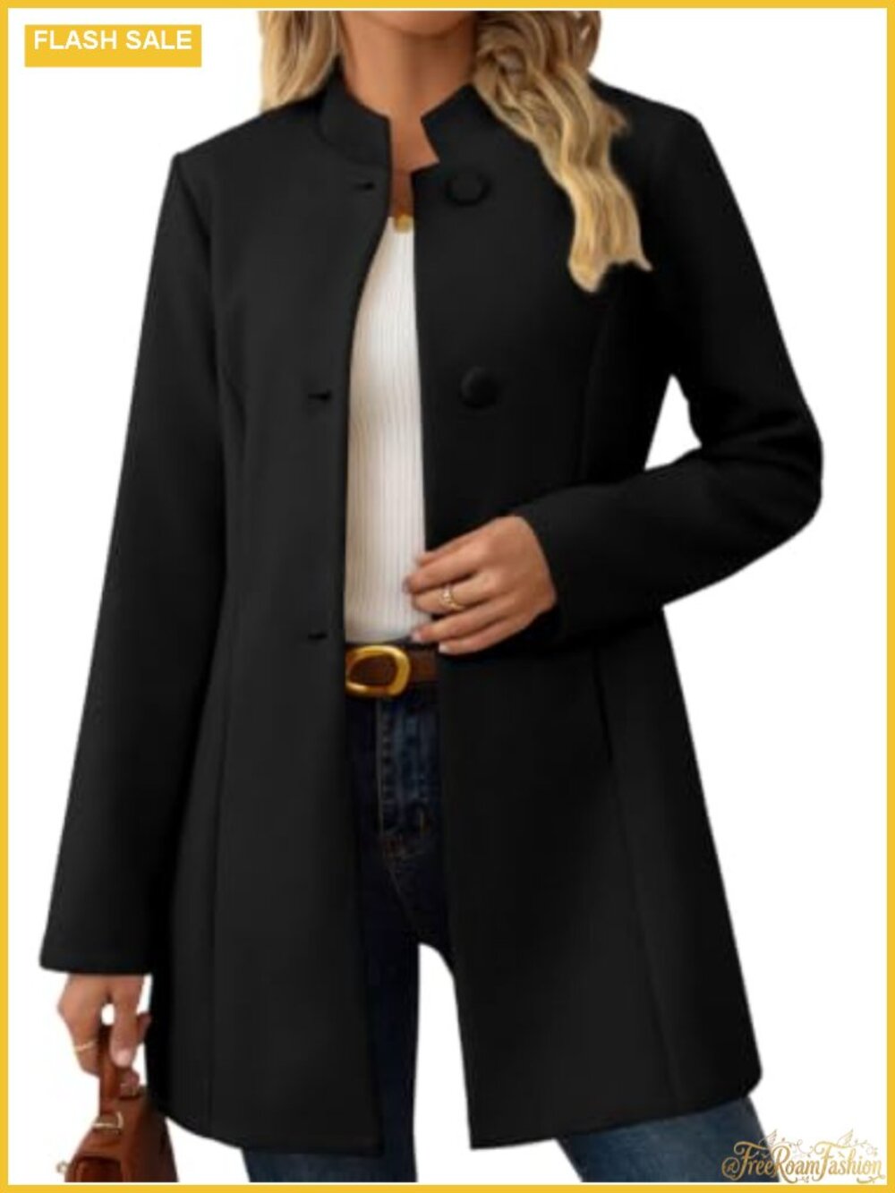 Women's Wool Pea Coat Slim Fit Notch Collar Long Sleeve Back Slit